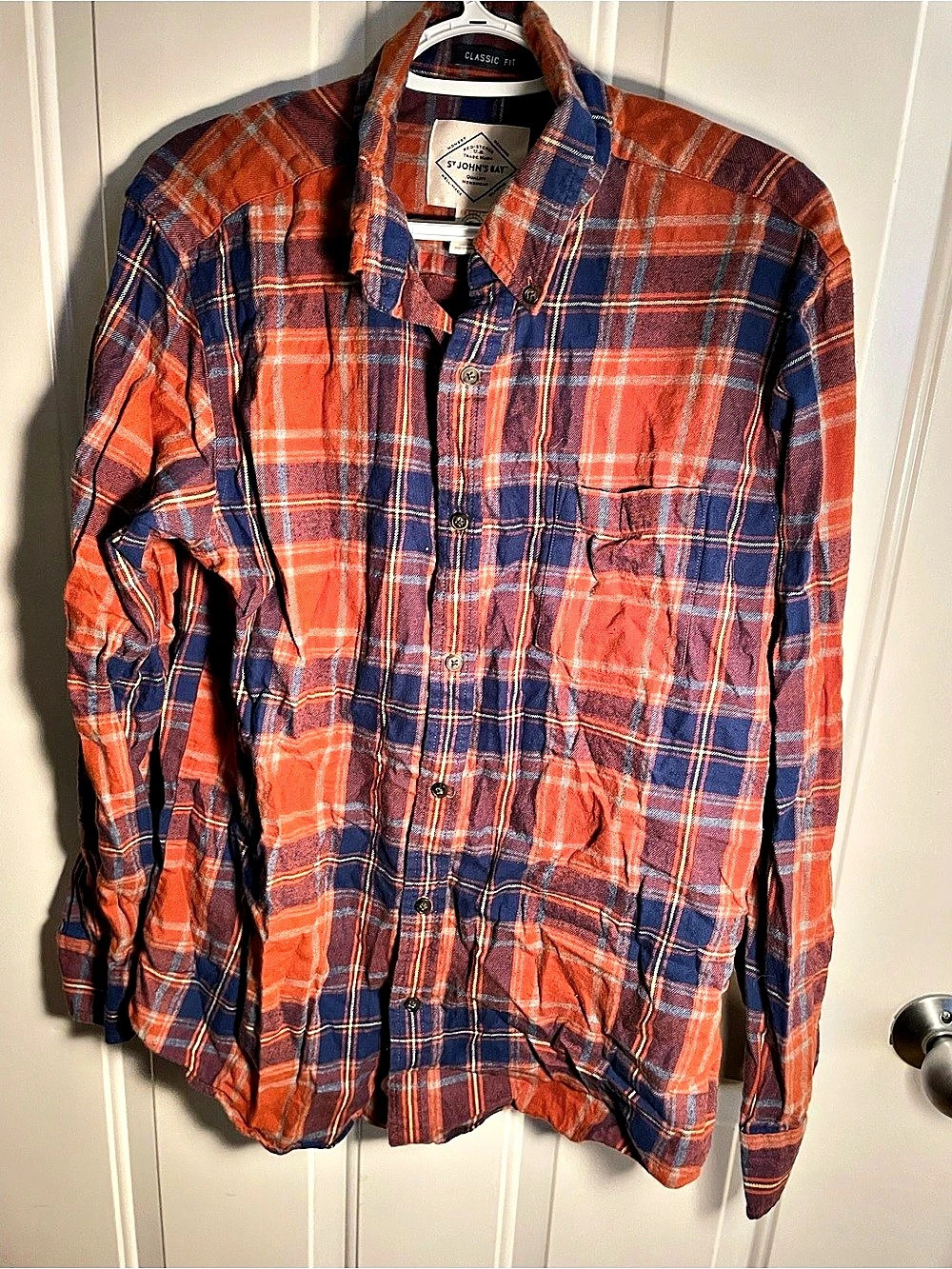 St. John's Bay Legacy Flannel Plaid Casual Button Down in Orange & Blue size M